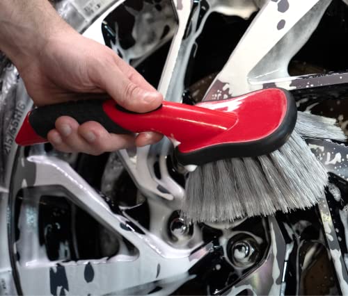 Car Wash Brush, Wheel and Fender Brush, Short Handle Tire Cleaner for Car Detailing, 10 Inch, Red/Black - view 2
