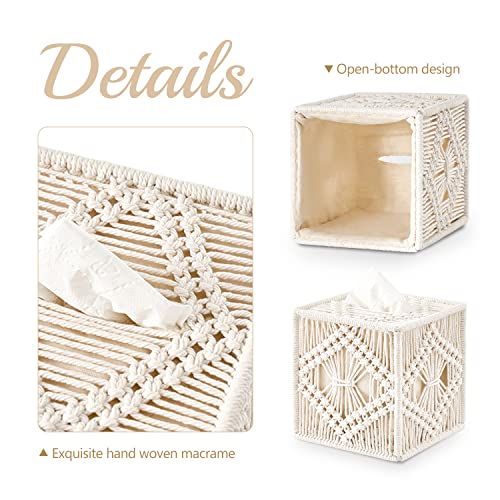 Tissue Box Cover Square, Boho Macrame Decor Open-Bottom Holder, Ivory - view 4
