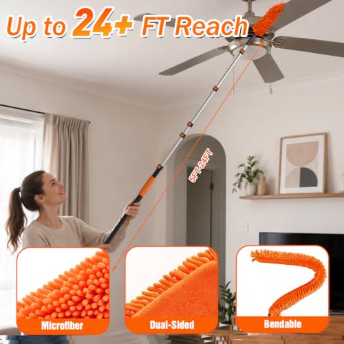 30FT Reach High Ceiling Duster Kit, Window Cleaning kit with 5-24FT Extension Pole, Fan Duster for Ceiling Fan Blades, Microfiber Feather Duster, Rotatable Window Squeegee and Cobweb Duster - view 6