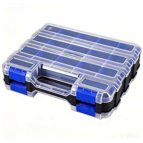 Small Parts Storage Case Tools Box Organizer Double Side 34 Compartments Hardware Organizers with Removable Plastic Dividers for Screws Nuts Nails Bolts