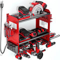 Power Tool Organizer Wall Mount with Charging Station, Cordless Tools Hanger and Battery Storage Rack for Garage Organization, Heavy Duty Drill Holder Shelf Build in Metal Power Strip - Red