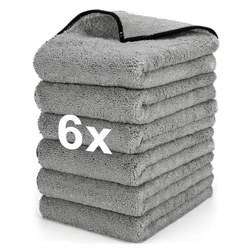 Microfiber Towels Gray for Cars - 6 Pack, High & Short Pile Micro Fiber Cleaning Cloth for Car Washing Drying & Auto Detailing, Water Absorption Lint Free & Non-Streak