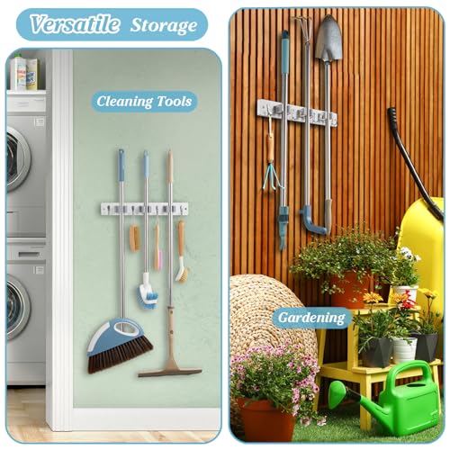 White Broom Holder Wall Mount - Heavy Duty Wood Mop and Broom Organizer with 3 Slots & 4 Hooks - Garden Tool Hanger for Laundry Room Closet Kitchen Garage Storage and Organization - Modern Home Decor - view 6