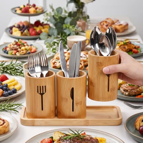 Silverware Holder, Bamboo Utensil Organizer with Tray, Kitchen Cutlery Flatware Holder Organizer for Spoons, Knives and Forks, Ideal for Kitchen and Restaurant - view 4