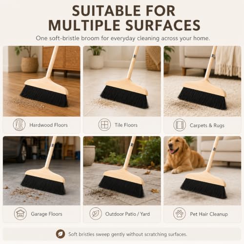 Horsehair Broom for Hardwood Floors, Soft Bristle Indoor Sweeping Brush with Pine Wood Head, Anti-Static Dust Remover for Home Kitchen, 37 Inch Wood Long Handl - view 7