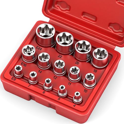 14-Piece E-TORX Socket Set - Premium Female Torx Socket Set, Ultimate Torque Star Sockets, External Torx Sockets, E4 E5 E6 E7 E8 E10 E11 E12 E14 E16 E18 E20 E22 E24