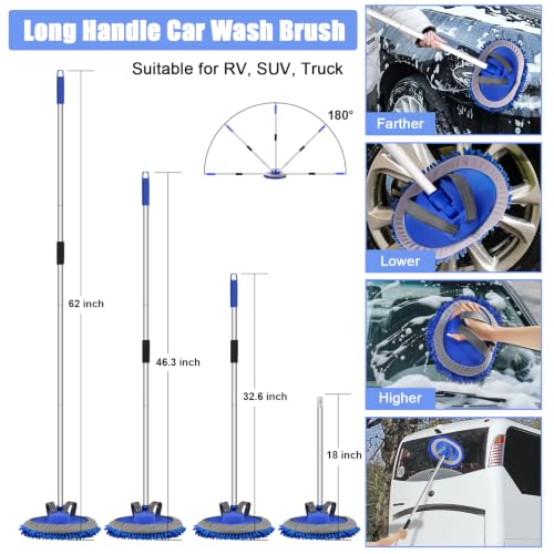 62" Microfiber Car Wash Brush with Long Handle Car Washing Mop Kit Mitt Sponge Car Cleaning Supplies Duster RV Washing Car Brushes, 1 Chenille Scratch-Free Replacement Head (Blue&Yellow) - view 2
