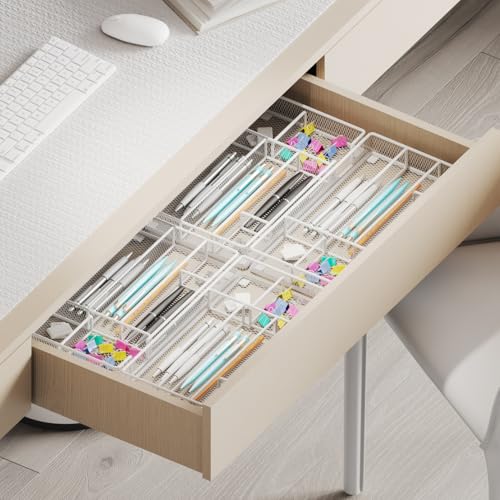 Desk Drawer Organizer Tray, Mesh Desk & Office Drawer Organizer, Suitable for Tools, Pencils & Office Supplies Storage (White) - view 2