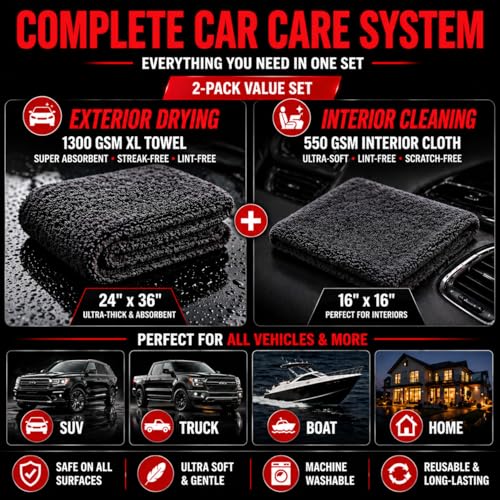 Microfiber Car Drying Towel & Interior Cleaning Cloth Set (2-Piece), 1300 GSM 24” x 36” Twisted Loop + 550 GSM 16” x 16” Coral Fleece, Streak-Free, Scratch-Free, Auto Detailing for Cars, Trucks & SUV - view 2