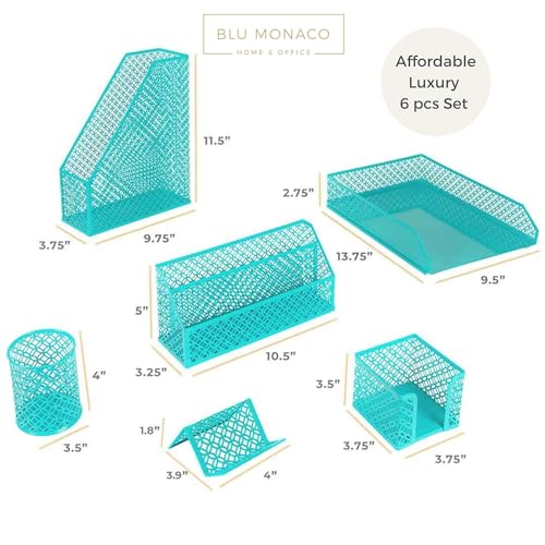 Dark Teal Desk Organizer Set 6 Piece | Mail Sorter Organizer Countertop with Standing File Organizer | Mesh Pen Holders Desktop Office Set - view 5