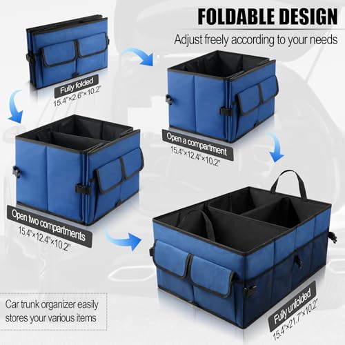 Auto Collapsible Trunk Organizer, 3 Large Compartments and 6 Pockets Durable for Cargo Storage, Easy to Storage Tools With Adjustable Securing Straps and Non-Slip Bottom for Car (Dark Blue) - view 3