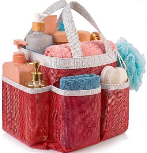 Mesh Shower Caddy – 7 Pocket Portable Organizer Tote for Dorm, Gym, Travel & Bathroom – Quick Dry Collapsible Bag for College Essentials, Toiletries & Cleaning Supplies (Pink)