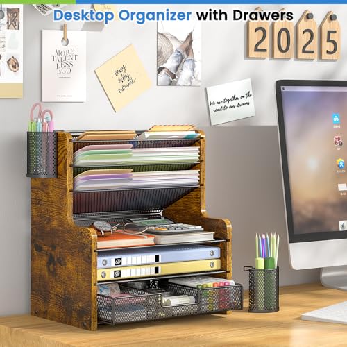 6-Tier Mesh Desk Organizer with Drawer, Wooden Office Organizer for Papers, Folders & Office Supplies - Sturdy Desktop File Holder with 2 Pen Holders - Space Saving Home Office Accessories - view 3