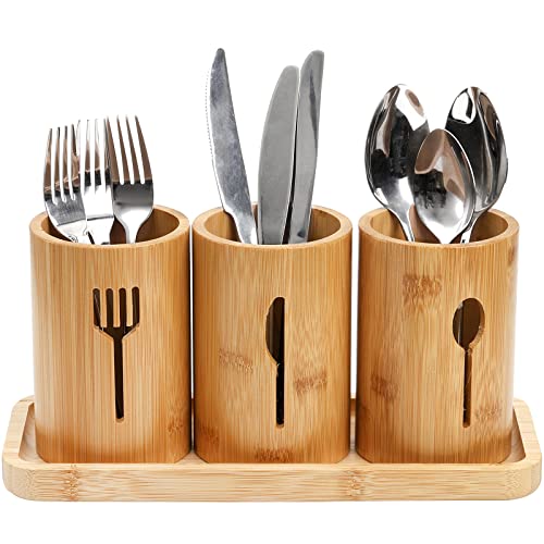 Silverware Holder, Bamboo Utensil Organizer with Tray, Kitchen Cutlery Flatware Holder Organizer for Spoons, Knives and Forks, Ideal for Kitchen and Restaurant