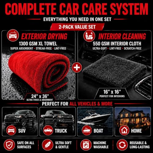 Microfiber Car Drying Towel & Interior Cleaning Cloth Set (2-Piece), 1300 GSM 24” x 36” Twisted Loop + 550 GSM 16” x 16” Coral Fleece, Streak-Free, Scratch-Free, Auto Detailing for Cars, Trucks & SUV - view 2