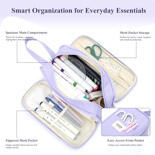 Pencil Case Pouch, Large Capacity Pencil Box Bag, Aesthetic Pen Organizer for School Supplies, Cute Preppy Stuff for Girls Boys Kids, Back to College Stationery, Purple - view 5