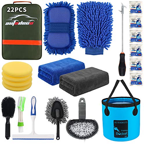 22Pcs Car Wash Cleaning Tools Kit Car Detailing Set with Olive Green Canvas Bag Collapsible Bucket Wash Mitt Sponge Towels Tire Brush Window Scraper Duster Complete Interior Car Care Kit