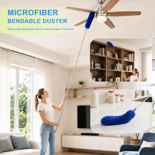 Cobweb Duster with Extension Pole, Spider Web Brush, 100" Microfiber Feather Duster, Washable Cleaning Kit for Ceiling Fan, Furniture, Home, Blue - view 3