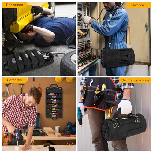 Tool Bag,Large Roll Up Tool Bag Organizer,13 Pockets Tool Roll Storage Pouch,Heavy Duty Portable Tool Storage Carrier Bag for Men,Mechanic,Electrician,Valentines Day Gifts for Men,Black - view 6