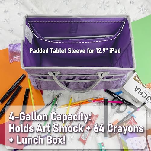 Craft Organizer Tote Bag – Craft Caddy with 2 Mesh Side Pockets & Front Elastic Pockets, Foldable Large Capacity Supply Storage Bag for Sewing, Knitting, Painting, and Travel (Purple) - view 6