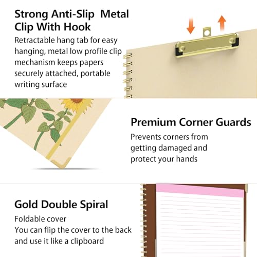 Clipboard Folder with Notepad Refillable Lined for Letter Size (11" x 8.5"), 5 Dividers with Storage 10 Pockets, Cute Spiral Foldable Clipboard with Metal Clip School Office Supplies (Sunflowers) - view 5