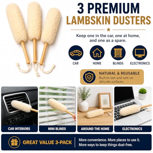 TRU-LAMB Premium Lambskin Mini Duster 3-Pack – Natural Wool Dusting Brush for Car Interior, Dashboard, Air Vents, Mini Blinds, Electronics, Keyboard, Home & Office Cleaning - view 4