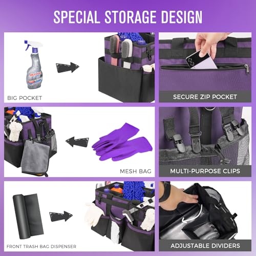 Wearable Cleaning Caddy, Cleaning Caddy Supplies Organizer with Handle & Shoulder Straps for Housekeepers, Under Sink & Car Cleaning Tool Organizers Bag with 4 Foldable Divider (Purple) - view 2