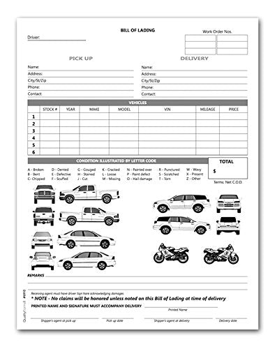 Vehicle Transport Bill of Lading 2-Part NCR 100 Sets 8.5x11