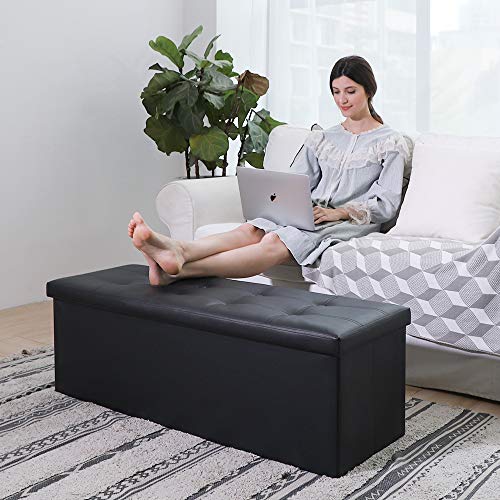 43 Inch Folding Storage Ottoman Bench Hold up 700lbs Ottoman with Storage Chest Foam Seat Padded Foot Rest Stool Faux Leather Bedroom Bench with Storage Coffee Table Black - view 2
