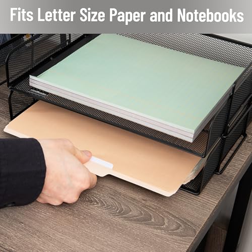 Stackable Paper Tray, Desktop Organizer, File Storage, Office, Metal Mesh, 2 Pcs., Black - view 6