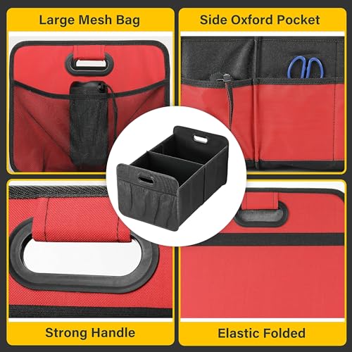 2 Compartments Car Trunk Organizer, 600D Waterproof Oxford Polyester Car Storage, Anti-slip 14" D x 22" W x 12" H Collapsible Trunk Storage, Suitable for SUV, Minivan, Truck, Red - view 4