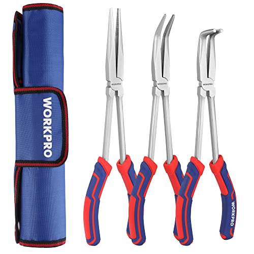 3PC Long Reach Plier Set, 11" Straight, 90° & 45° Bent Nose Pliers