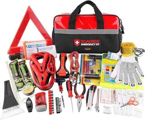 Car Emergency Kit,Premium Roadside Assistance Essentials with Jumper Cables, Flashlight, Shovel, Screwdriver Set - Ideal Auto Road Safety Kit, Survival, Truck, RV and More Gift for Father (Red)