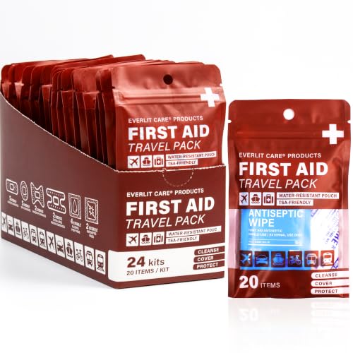 Travel Bandage Pack | 24 Individual Packets, Bulk Portable Mini First Aid Kit with 20 On-the-Go Essentials | Compact Water-Resistant Reusable Pouch to Clean, Cover & Protect