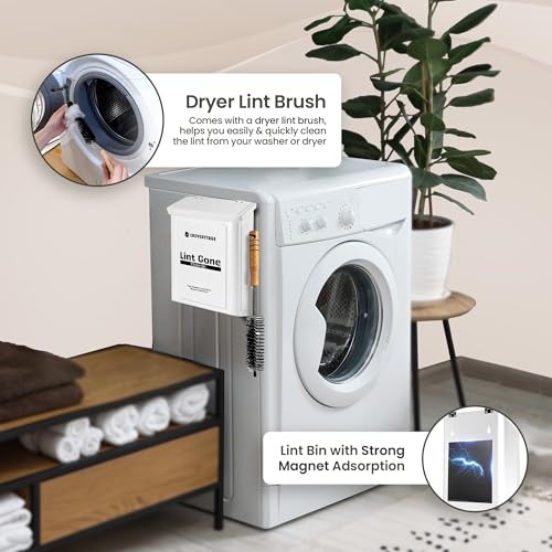 Magnetic Lint Bin for Laundry Room with Dryer Lint Brush - Slim Wall Mounted Trash Can with Lid - Modern Farmhouse Storage Organizer & Debris Collector - Space-Saving White Metal Holder - view 4