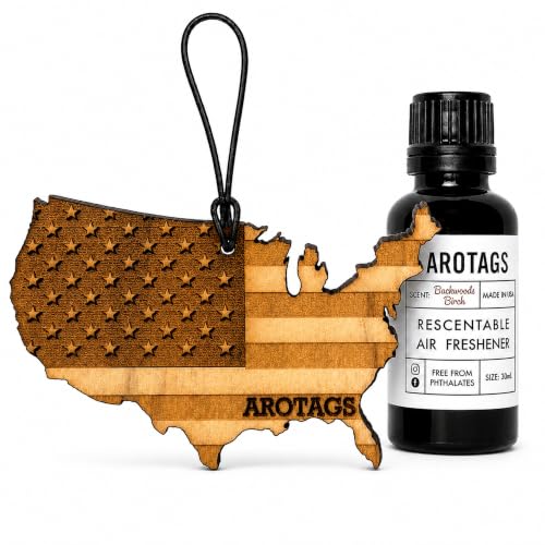 USA Flag Car Air Freshener Kit, Reusable Wood Hanging Diffuser with 30 mL Backwoods Birch Fragrance Oil, Patriotic Car & Truck Accessory