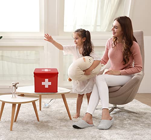 First Aid Kit, First Aid Medicine Supplies Bin - 2-Tier Metal Medicine Storage Tin, First Aid Box with Removable Tray for Home Emergency Tool Set-Red - view 2