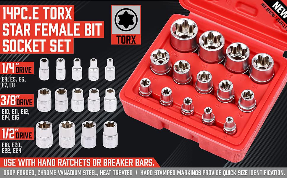 14-Piece E-TORX Socket Set - Premium Female Torx Socket Set, Ultimate Torque Star Sockets, External Torx Sockets, E4 E5 E6 E7 E8 E10 E11 E12 E14 E16 E18 E20 E22 E24 - view 2