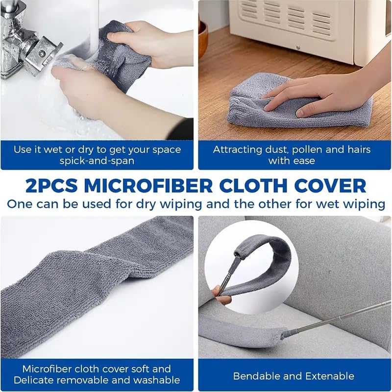 Retractable Gap Dust Cleaner Cleaning Tools with 2 Microfiber Dusting Cloths Long Handle 60inches Washable and Retractable Duster Brush for Cleaning Under Appliances Furniture Couch Fridge - view 5