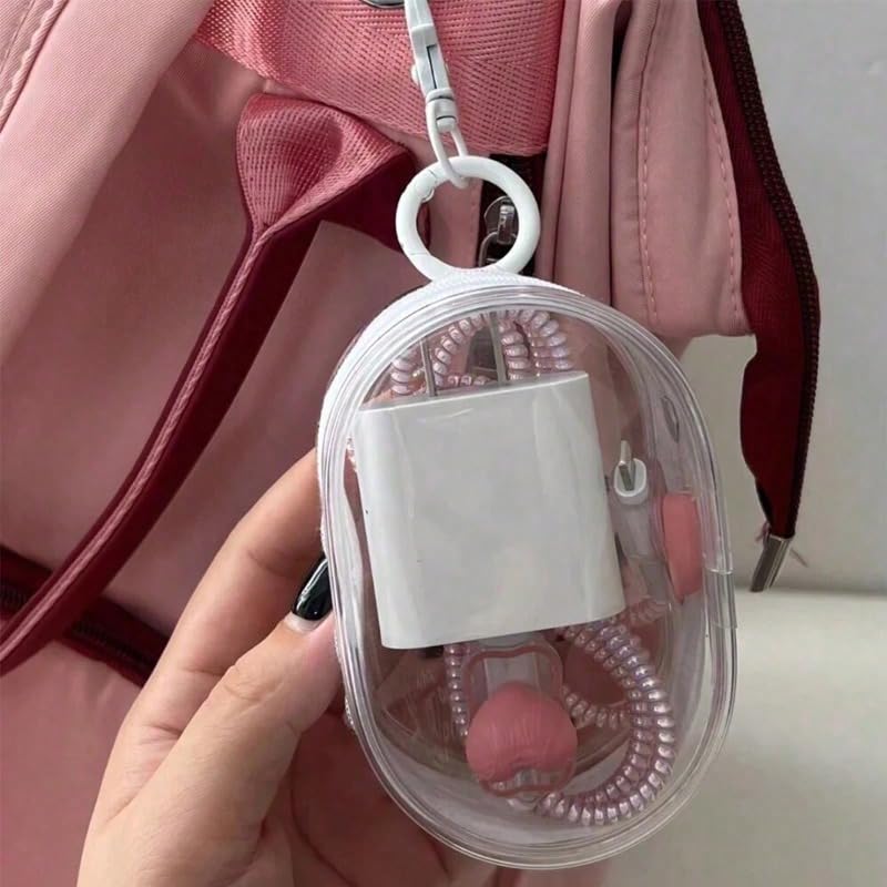 2pcs ​Portable Mini Zipper Storage Pouch Dual-Color - Transparent And Black Case for Headphones, Charger, Keys with Keychain Clip, Travel Makeup Organizer for Small Items​, WhiteBlack - view 2