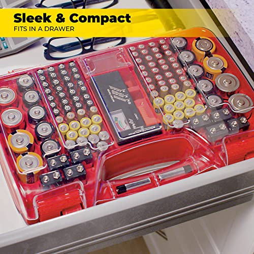 Ontel Storage & Organizer Case w/Tester, Stores & Protects Up to 180 Batteries, Double-Sided, Clear Locking Lid, Secure Latches & Portable Carrying Handle - Red (Batteries Not Included) - view 3