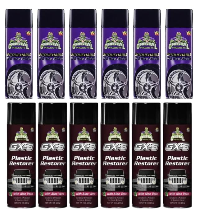 GX-3 Plastic Restorer & Untouchable Tire Shine Bundle – 12 Pack Car Detailing Kit – Black Trim Restorer + Wet Look Tire Shine Spray – Interior & Exterior Plastic, Vinyl & Rubber Care, 13oz Cans