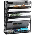 Desk File Organizer Mesh 6-Tier, Hanging Wall Mount Document Organization Stand, Desktop Vertical Mail Paper Folder Holder Rack with Bottom Tray for Office Home Cubicle Countertop, Black