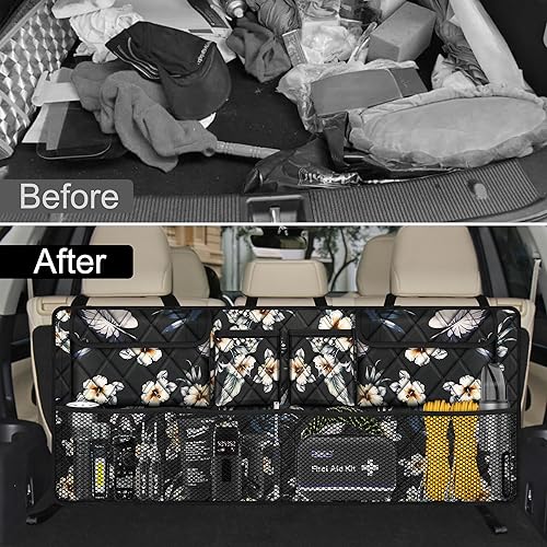 Car Trunk Organizer, Large Capacity Backseat Trunk Organizer (42"*18"), Collapsible Car Storage Bag with 8 Pockets - Hibiscus - view 6