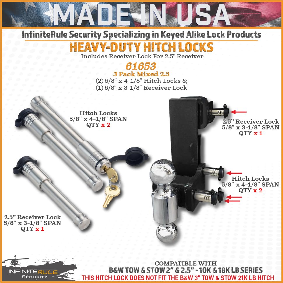 61653 | 3 Pack Mixed 2.5, Keyed Alike, Hitch Locks for B&W 2" & 2.5" Tow and Stow 10K LB & 18K LB - Includes Lock for 2.5" Receiver - view 2
