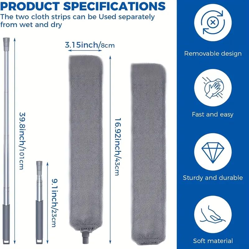 Retractable Gap Dust Cleaner Cleaning Tools with 2 Microfiber Dusting Cloths Long Handle 60inches Washable and Retractable Duster Brush for Cleaning Under Appliances Furniture Couch Fridge - view 3