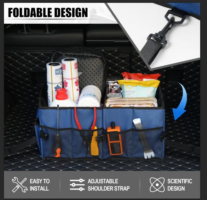 Auto Collapsible Trunk Organizer, 3 Large Compartments and 6 Pockets Durable for Cargo Storage, Easy to Storage Tools With Adjustable Securing Straps and Non-Slip Bottom for Car (Dark Blue) - view 5