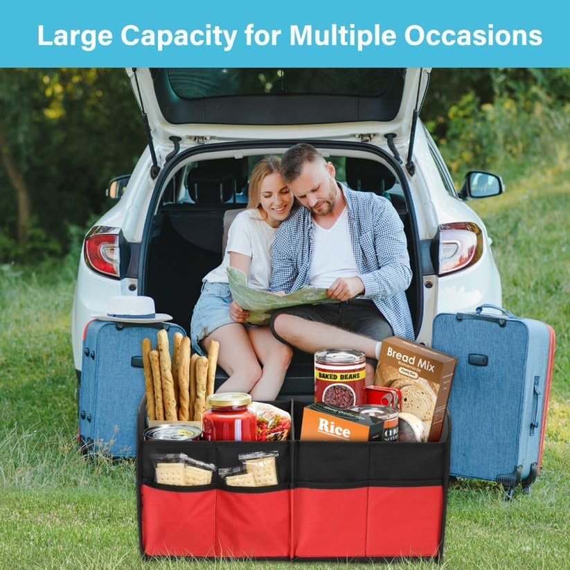 Car Trunk Organizer, 2 Compartments Collapsible Trunk Storage, Anti-slip Design, Made of Waterproof 600D Oxford Polyester, Suitable for SUV, Minivan, Standard Size, Red, 2 Pack - view 6