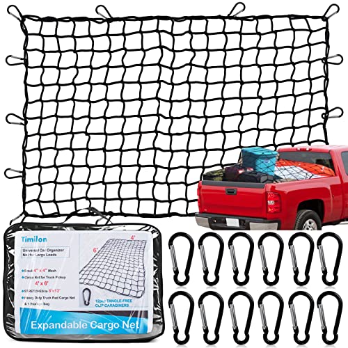 Cargo Net for Truck Pickup 4'x6' Stretches to 8'x12' Heavy Duty Truck Bed Cargo Net 12 Tangle-Free Clip Carabiners and 1 Storage Bag Small 4" x 4" Mesh Universal Car Organizer Net for Large Loads