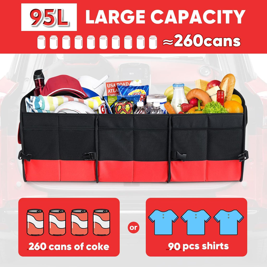 Large Trunk Organizer for Car, Foldable Multi Compartment Car Trunk Organizer with 2 Retractable Straps, Suitable for All Kinds of Cars, SUV, Minivan - 4 Compartments Red - view 4